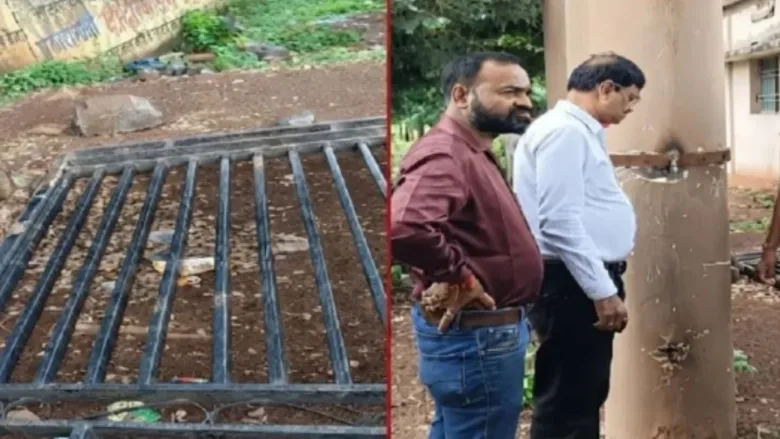Damaged iron gate of Swami Atmanand School after fatal accident in Chhattisgarh