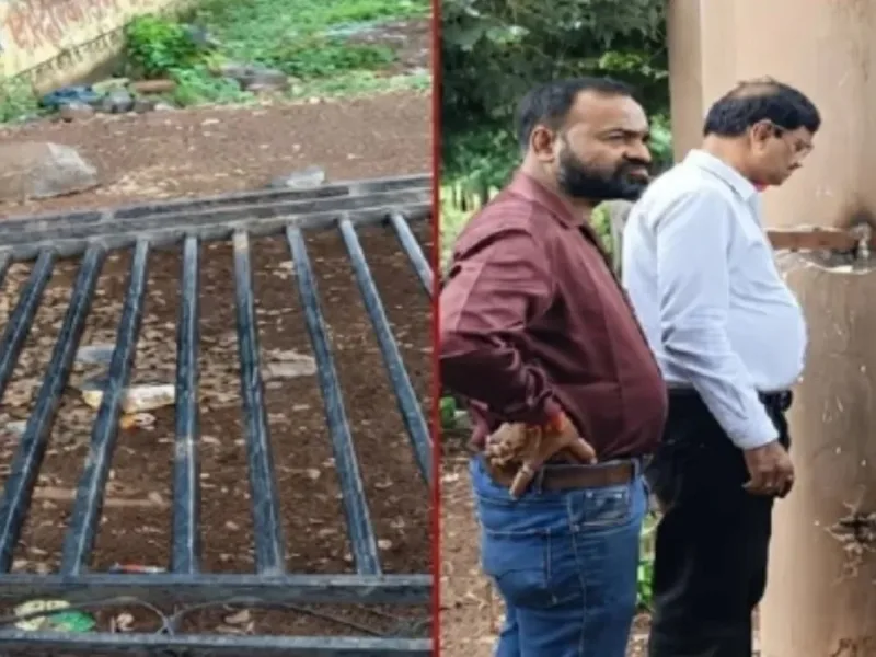 Damaged iron gate of Swami Atmanand School after fatal accident in Chhattisgarh
