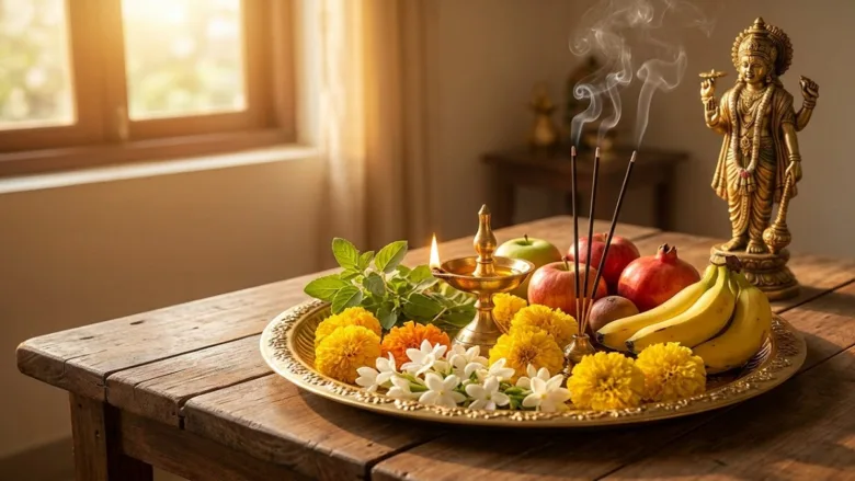 Worship materials for Lord Vishnu and an image related to the Aja Ekadashi fast.