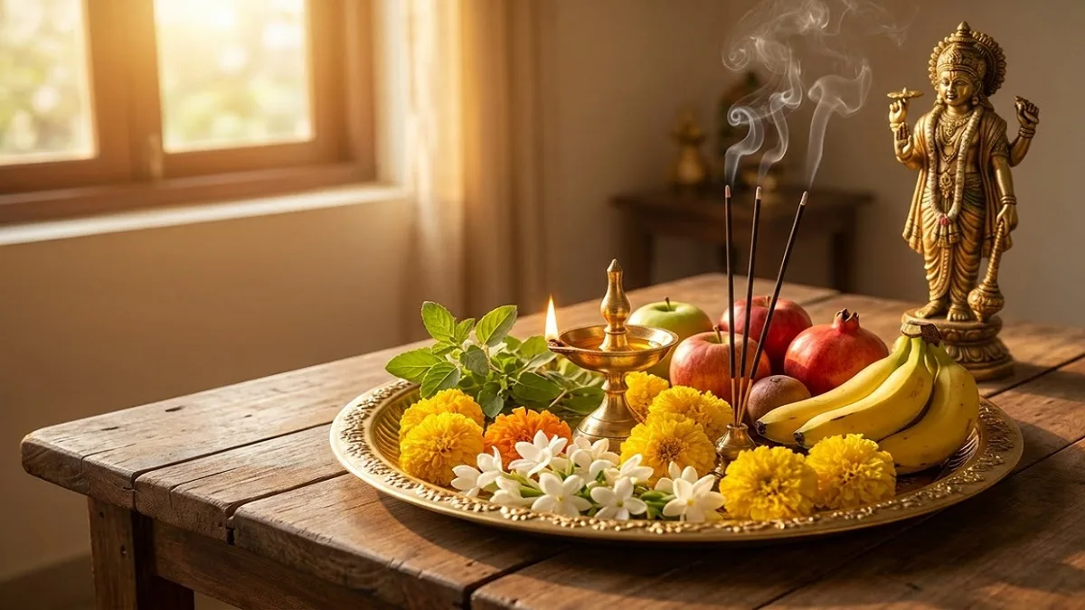 Worship materials for Lord Vishnu and an image related to the Aja Ekadashi fast.