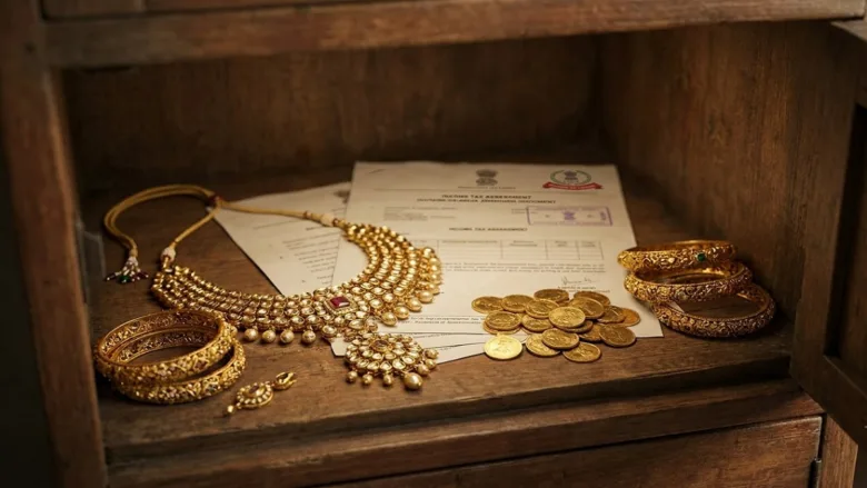 Photograph of Indian gold jewelry and ornaments.