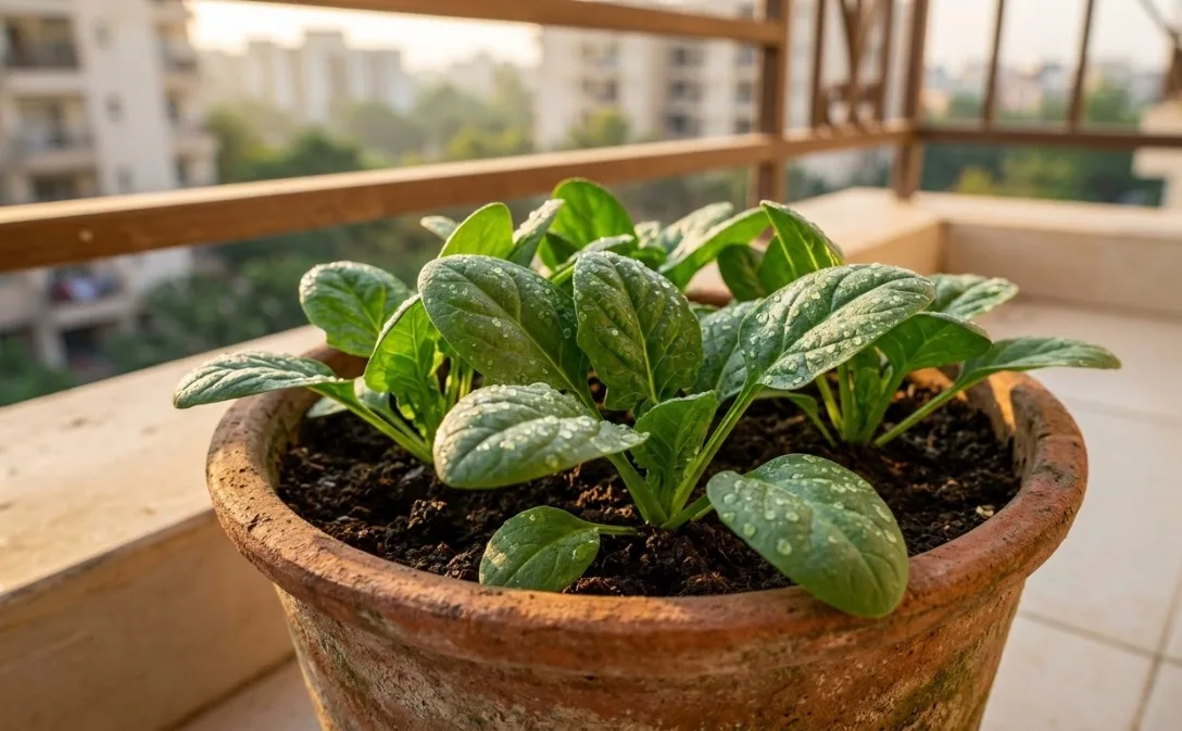 Fresh green spinach leaves growing in a container pot on a home balcony.