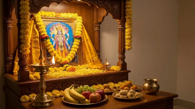 Idols and yellow flowers placed at the place of worship of Lord Vishnu and Goddess Lakshmi.