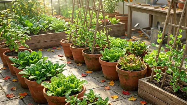 Fresh green vegetables growing in kitchen garden pots during the month of September.