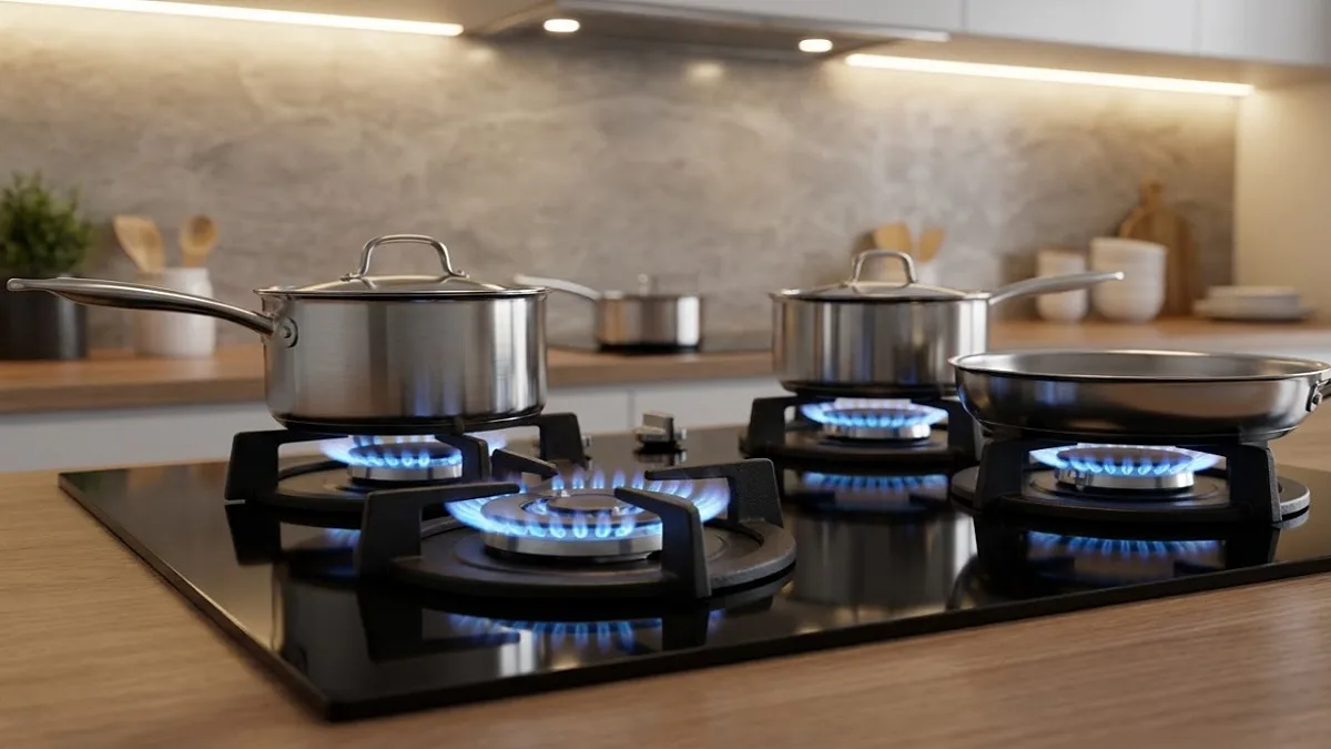 Quantum 5-star gas stove featuring Hexa burners and a black-finish body.