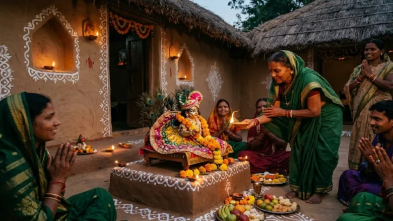Devotees performing the traditional worship of 'Aathe Kanhaiya' in Chhattisgarh.