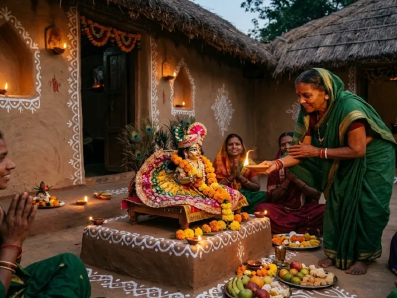 Devotees performing the traditional worship of 'Aathe Kanhaiya' in Chhattisgarh.