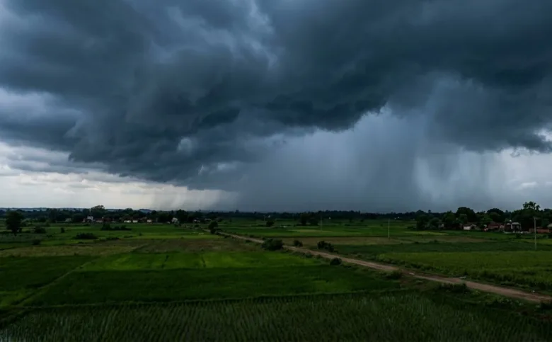 Dark monsoon clouds and heavy rain over Chhattisgarh landscape