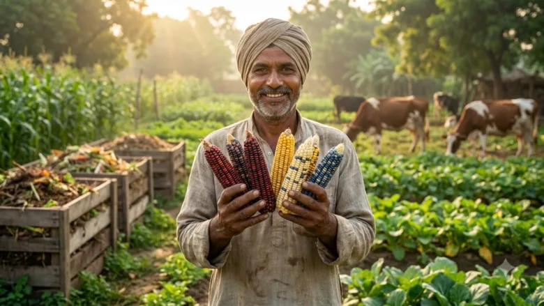 Five-colored corn in farmer Sanjay Yadav's field.