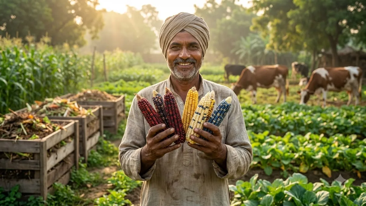 Five-colored corn in farmer Sanjay Yadav's field.