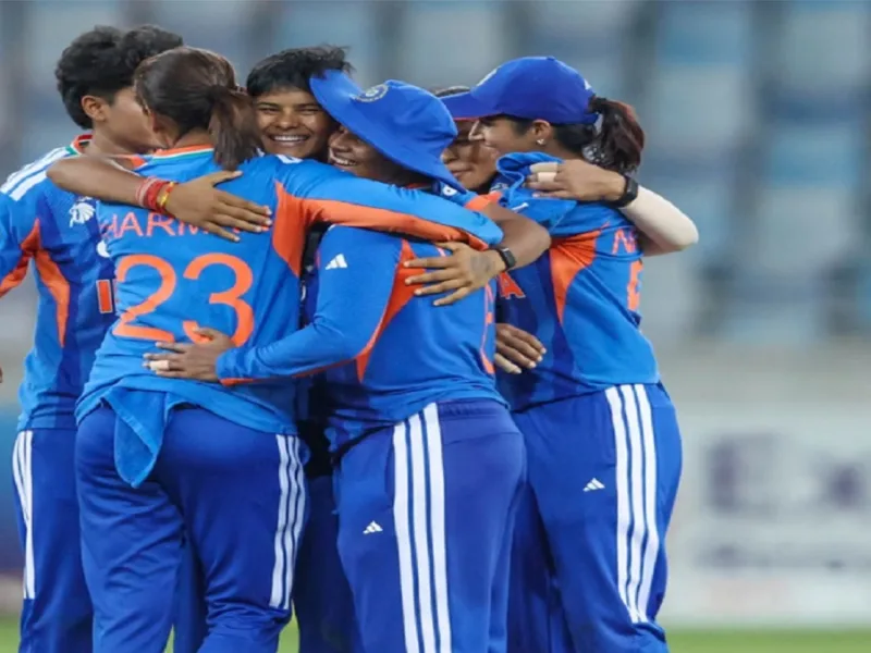 Indian women cricket team celebrating their victory on the field during the Asian Games 2026 match.