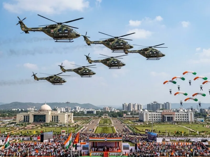 Aerobatic display by the Indian Air Force's Sarang helicopter team during Rajyotsav 2026 in Naya Raipur.