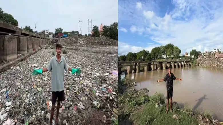 Bittu Tabahi cleaning polluted Ajnar river in Byavra Madhya Pradesh