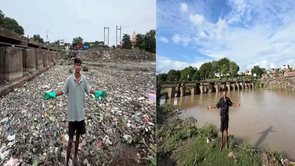 Bittu Tabahi cleaning polluted Ajnar river in Byavra Madhya Pradesh
