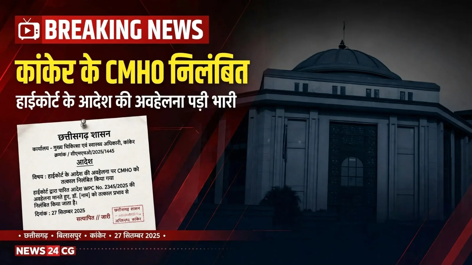 Kanker CMHO suspended: हाईकोर्ट का जवाब नहीं देना पड़ा महंगा, नाराज स्वास्थ्य सचिव ने की निलंबन की कार्रवाई