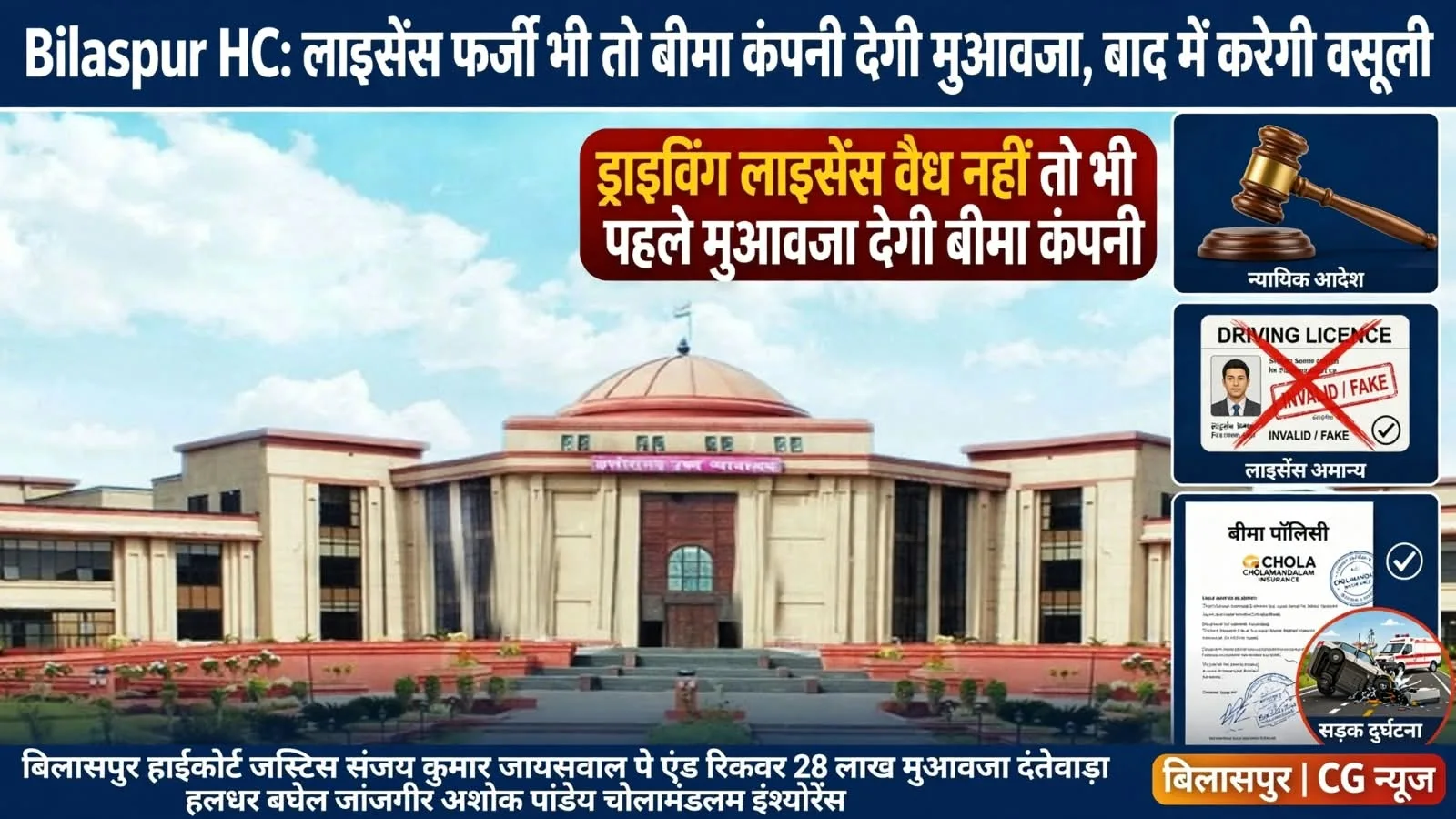 Bilaspur High Court: लाइसेंस वैध नहीं फिर भी बीमा कंपनी देगी मुआवजा, पे एंड रिकवर का आदेश