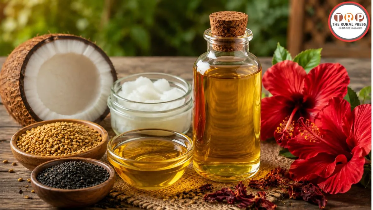 Homemade methi hibiscus oil for hair care with fenugreek kalonji and hibiscus flowers