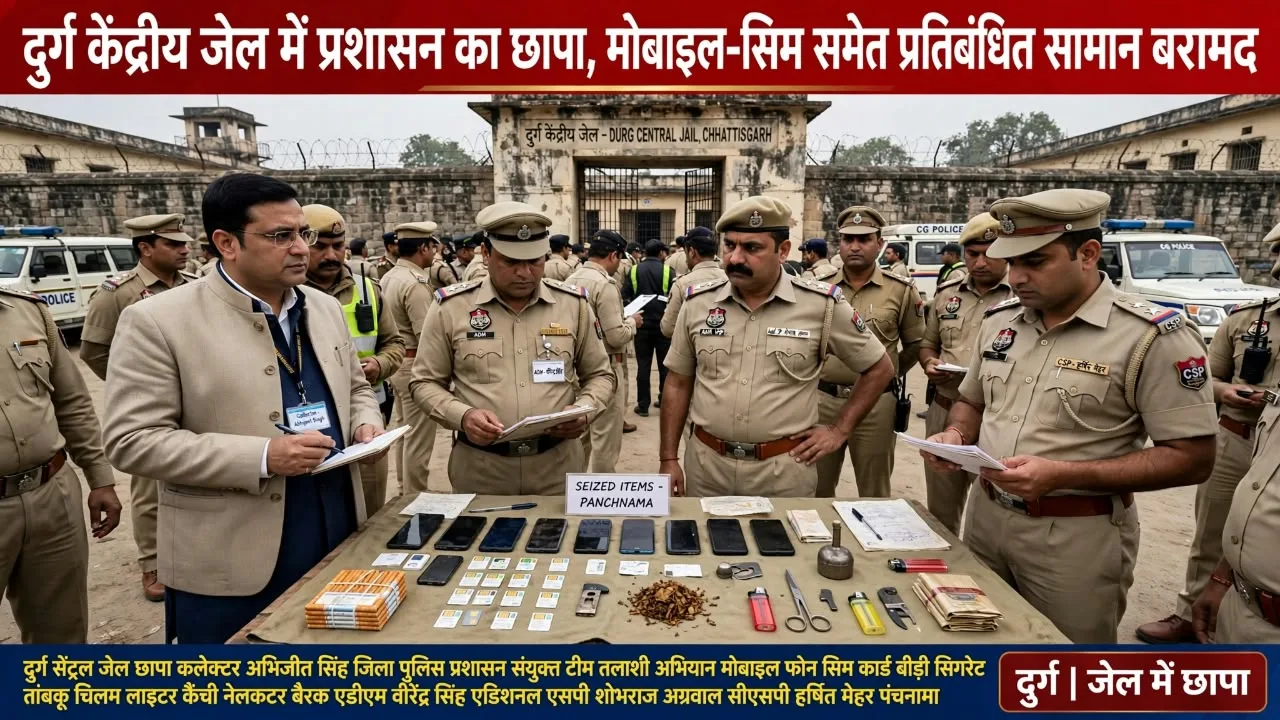 Durg: केंद्रीय जेल में प्रशासन-पुलिस का संयुक्त छापा, मोबाइल-सिम समेत भारी मात्रा में प्रतिबंधित सामान बरामद