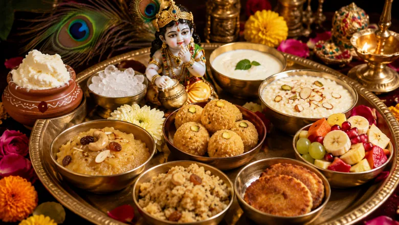 Janmashtami Bhog Thali containing Makhhan Mishri, Kheer, Panjiri, and sweets for Lord Krishna