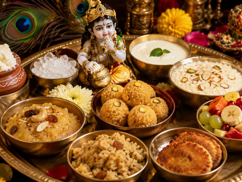 Janmashtami Bhog Thali containing Makhhan Mishri, Kheer, Panjiri, and sweets for Lord Krishna