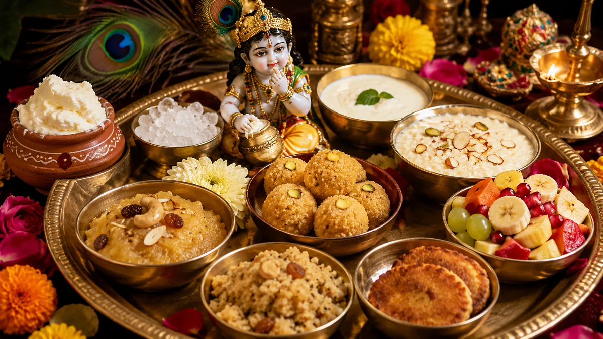 Janmashtami Bhog Thali containing Makhhan Mishri, Kheer, Panjiri, and sweets for Lord Krishna