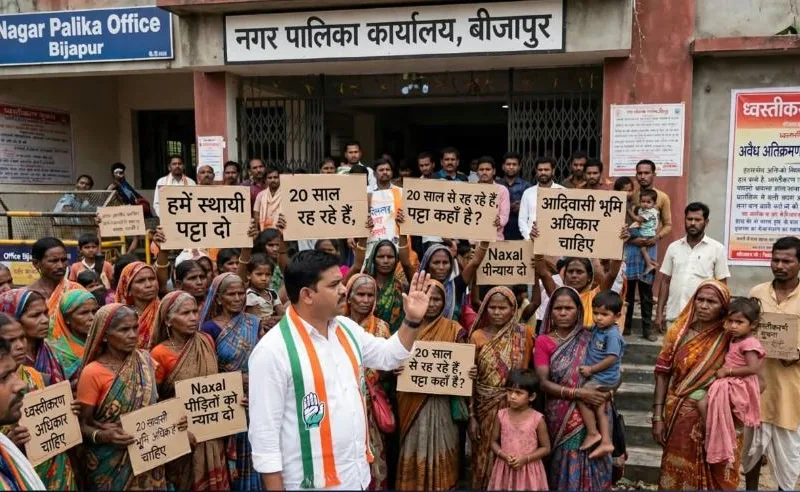 Naxal affected families protest at Nagar Palika office Bijapur