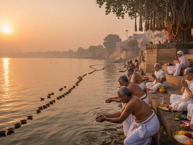 People performing rituals and offering prayers during Pitru Paksha