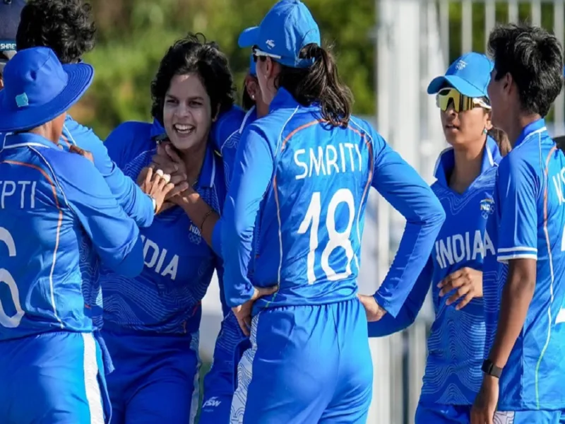 Indian women's cricket team celebrating their gold medal victory after defeating Sri Lanka in the Asian Games 2026 final.