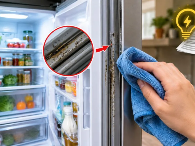 Dirty refrigerator door gasket being cleaned with vinegar solution and a soft toothbrush