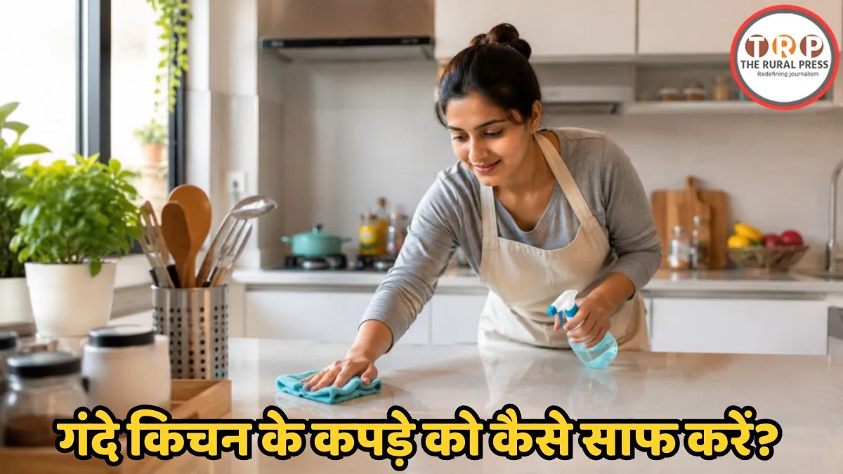 Cleaning a greasy cotton kitchen towel using baking soda and warm water in a modern Indian kitchen