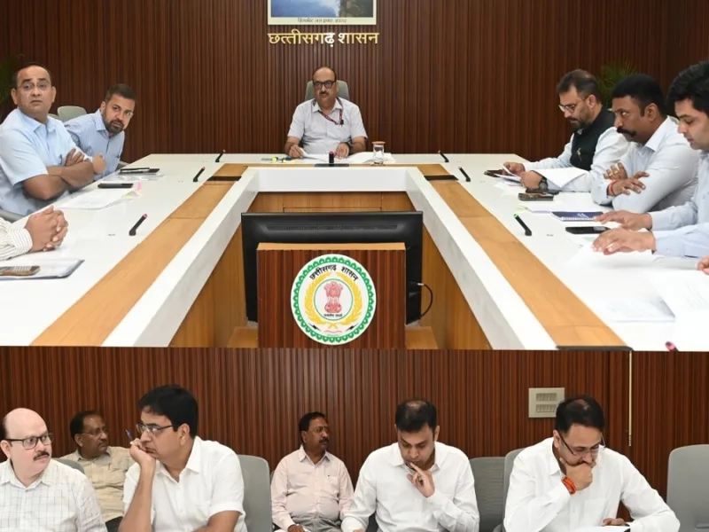 Chief Secretary Vikasshil chairing a high-level review meeting in Raipur for the Chhattisgarh Pavilion at the 45th India International Trade Fair 2026 at Bharat Mandapam, New Delhi.