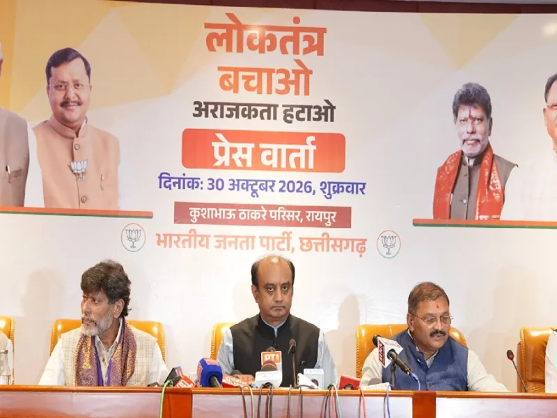 BJP National Spokesperson and MP Dr. Sudhanshu Trivedi addressing a press conference at the party office in Raipur.