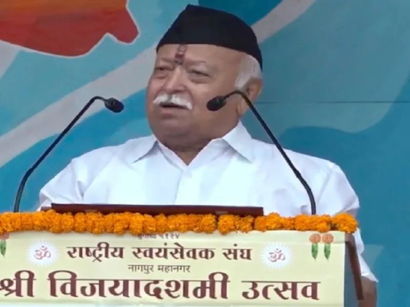 RSS Chief Mohan Bhagwat addressing volunteers during the Vijayadashami celebrations in Nagpur.