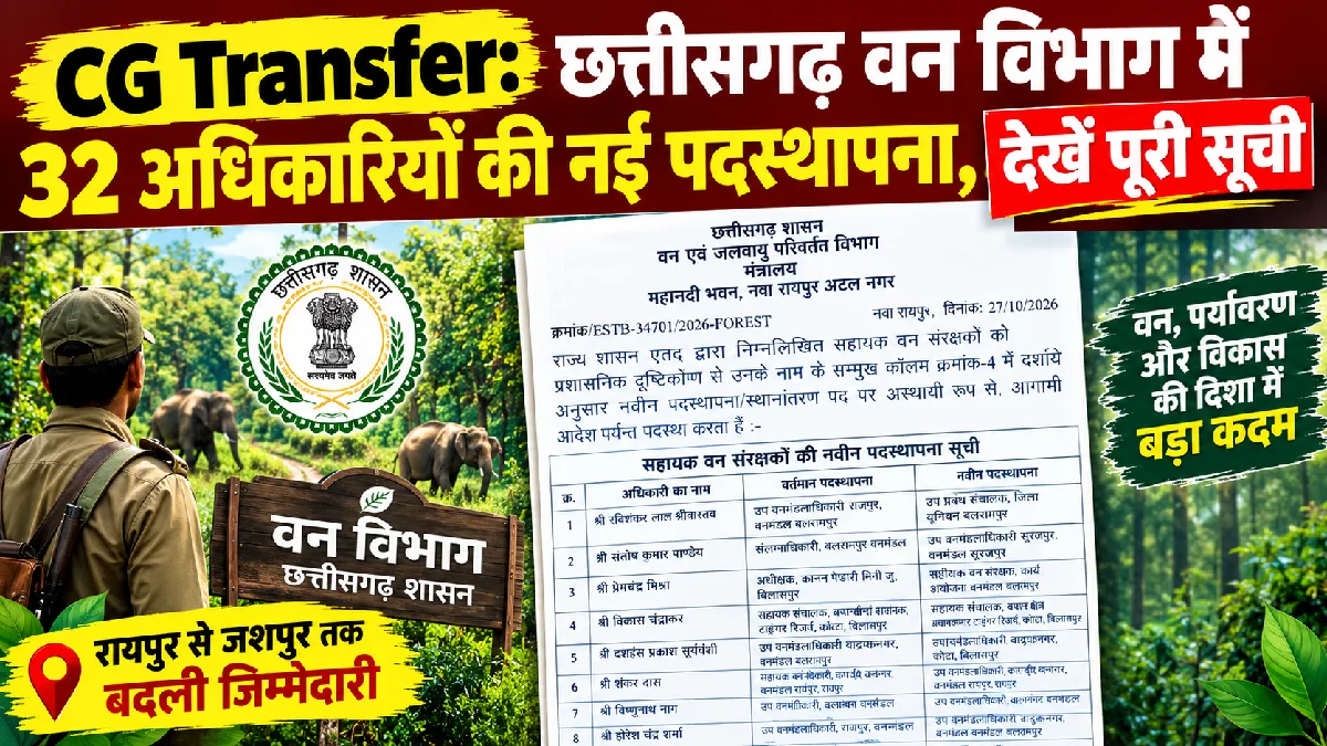 CG Forest Transfer List: छत्तीसगढ़ वन विभाग में 32 अधिकारियों की नई पदस्थापना, देखें पूरी लिस्ट