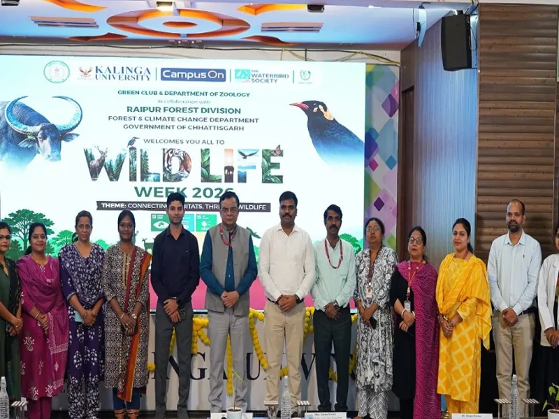 Students and forest officials participating in Wildlife Week 2026 event at Kalinga University.